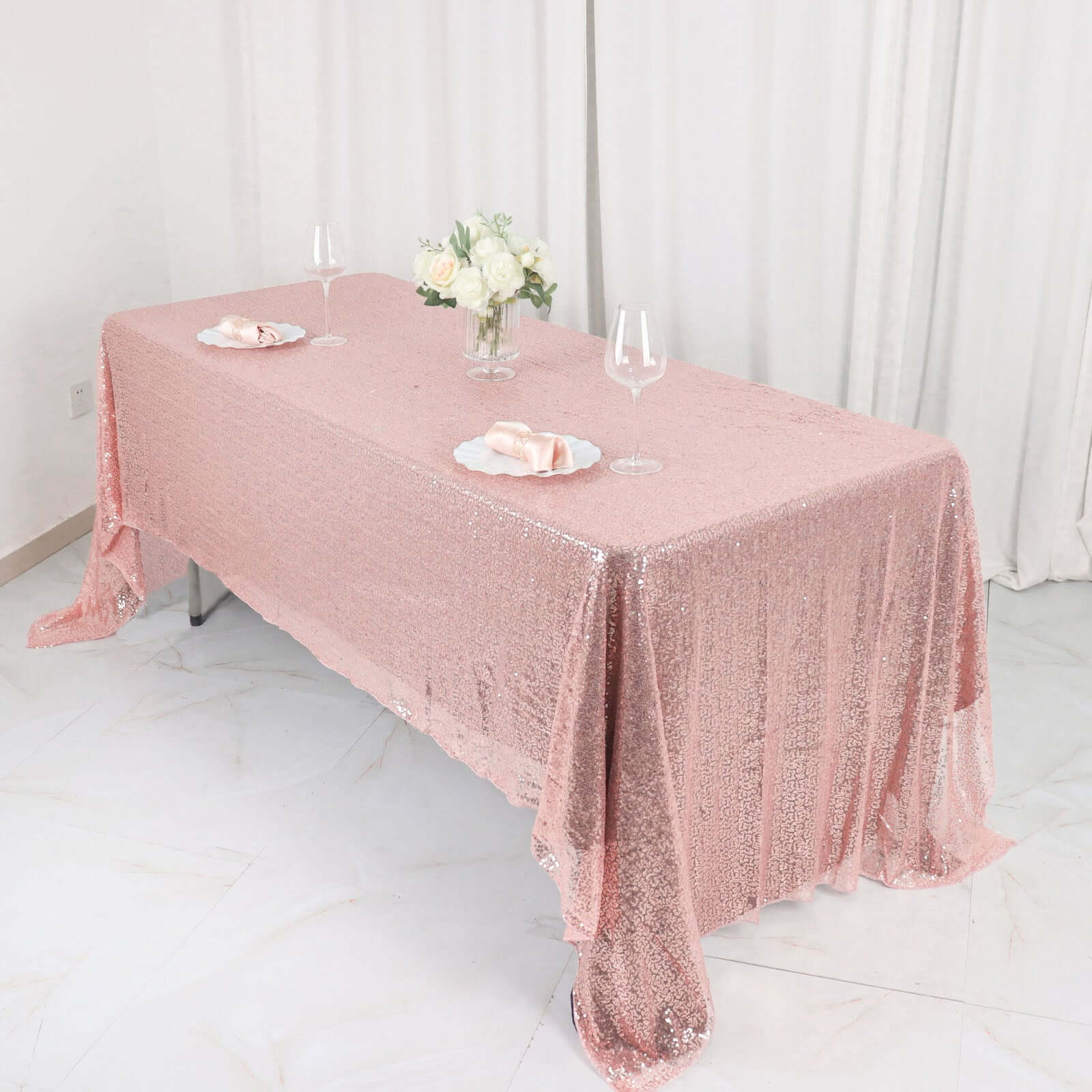 Rose Gold Glittering Sequin Rectangle Tablecloth, 60x126 Size