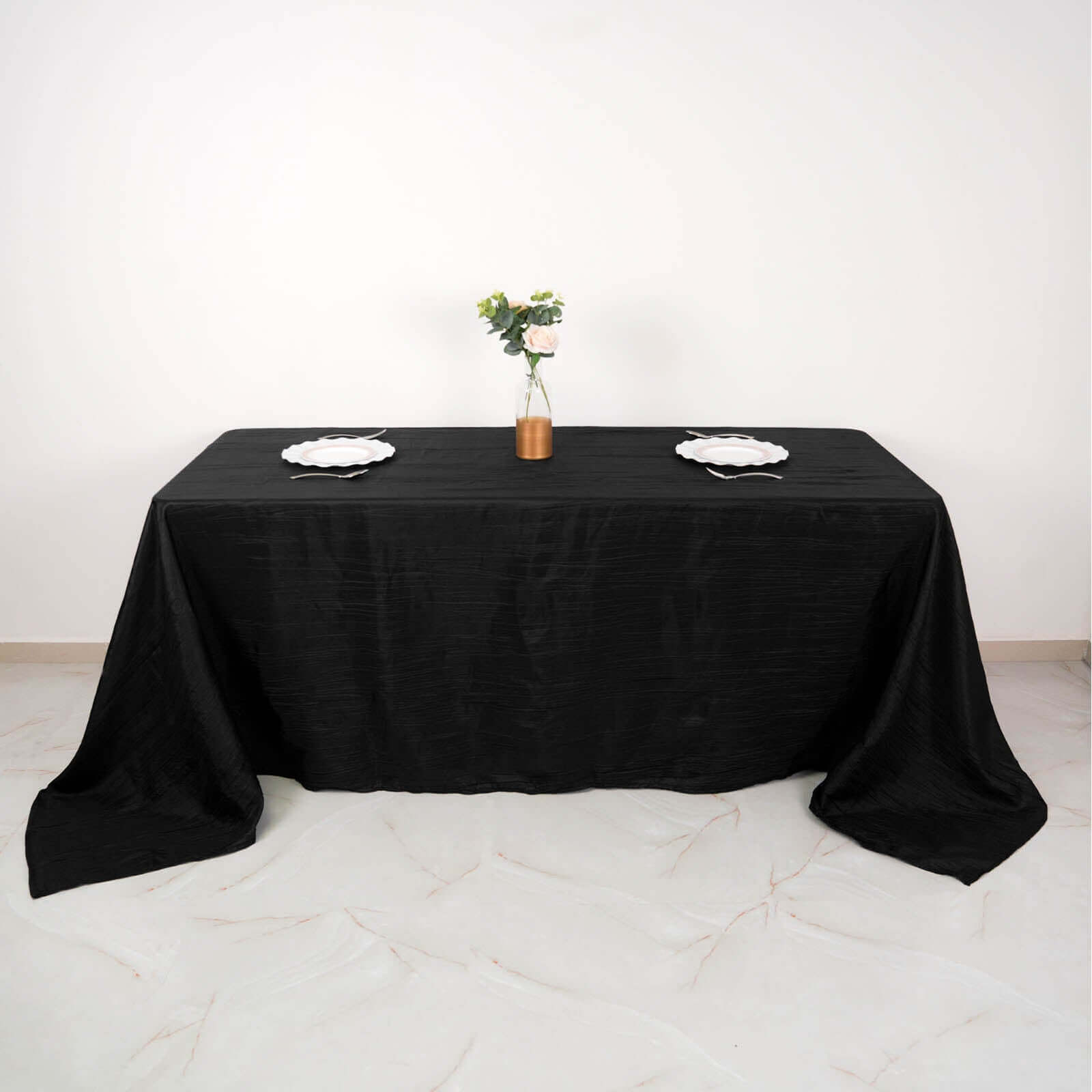 Black Crinkle Taffeta Rectangle Tablecloth 90x132 - Seamless Design for Elegant Gatherings