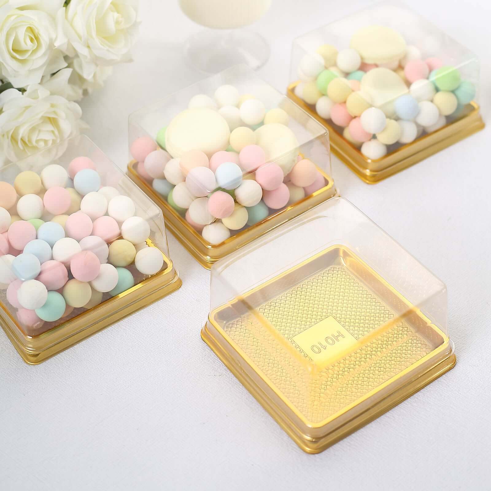 50-Pack Clear & Gold Square Mini Plastic Party Favor Boxes for Cupcakes & Desserts