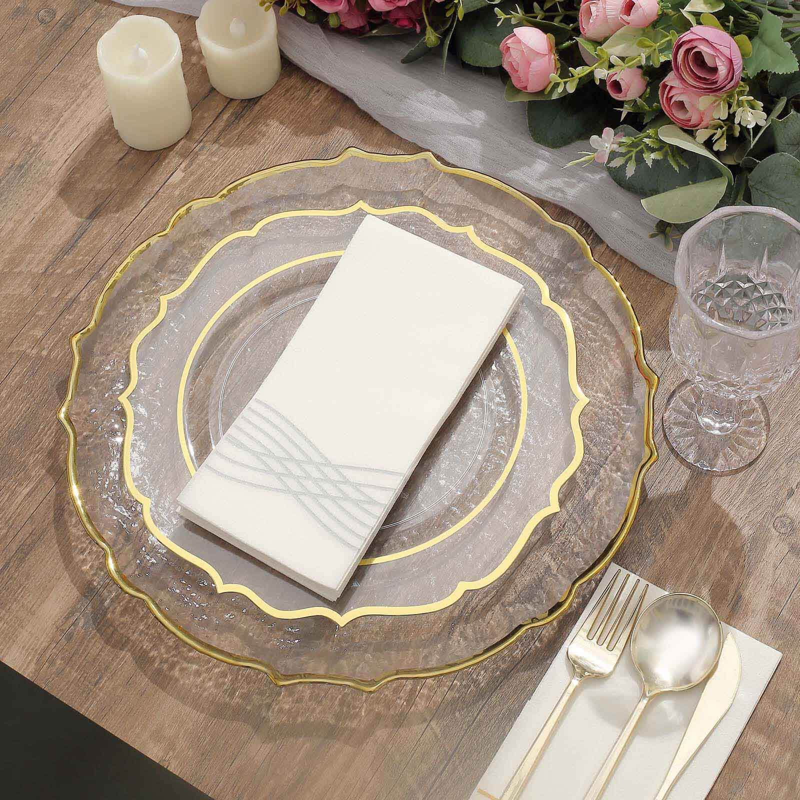 8-Piece Set of 13-Inch Clear Glass Charger Plates with Gold Sunflower Scalloped Edges