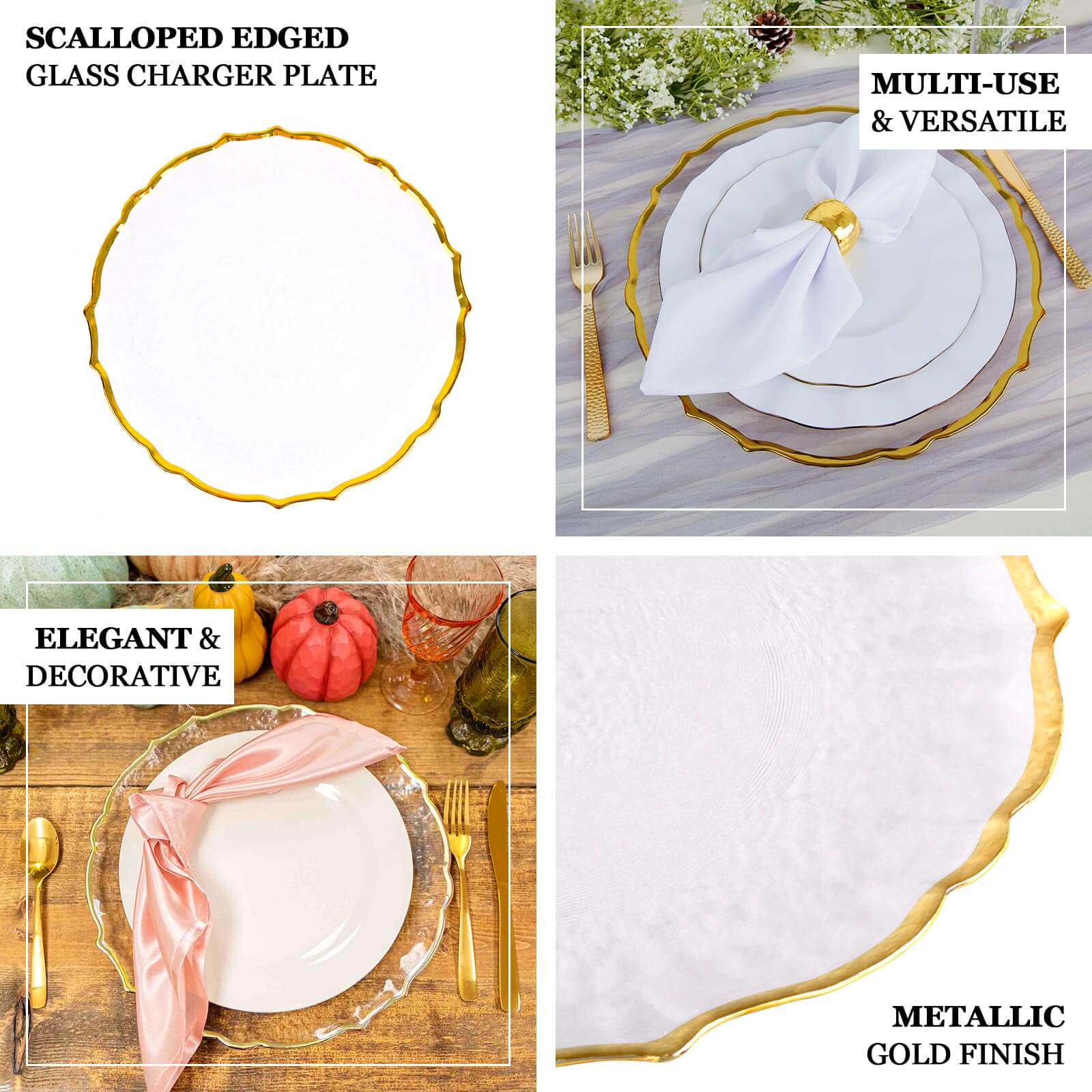 8-Piece Set of 13-Inch Clear Glass Charger Plates with Gold Sunflower Scalloped Edges