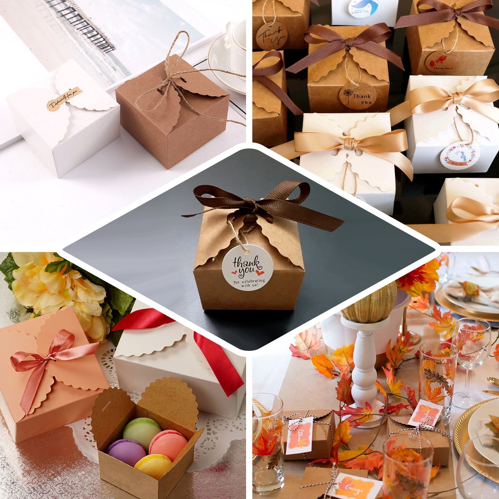 25-Piece Set of 2.5x2.5 White Cardstock Gift Boxes with Brown Grosgrain Ribbons