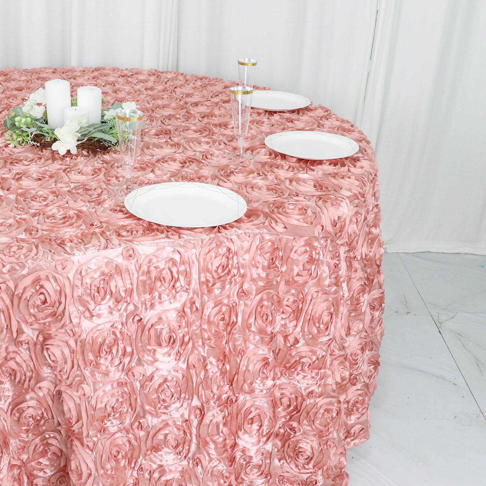 Hot! Dusty Rose Satin 120 Round Tablecloth with 3D Rosette & Seamless Finish