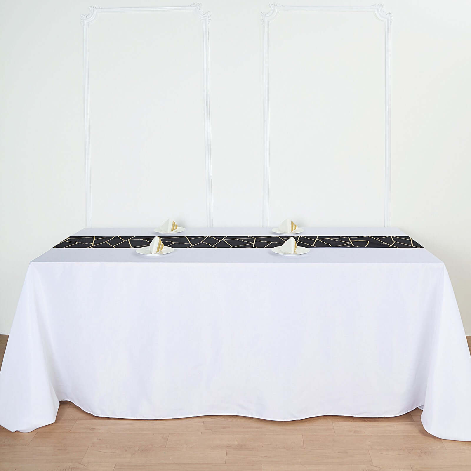 9ft Black Polyester Table Runner with Stunning Gold Foil Geometric Accent