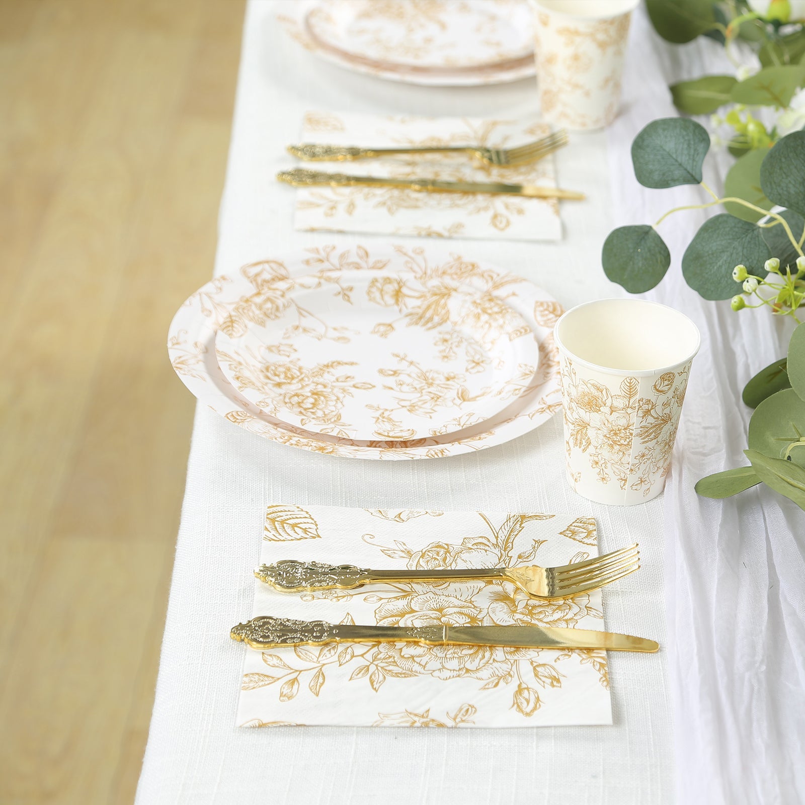 50-Piece Pack of Soft 2-Ply French Toile Floral Patterned Paper Cocktail Napkins in White/Gold - Ideal for Events