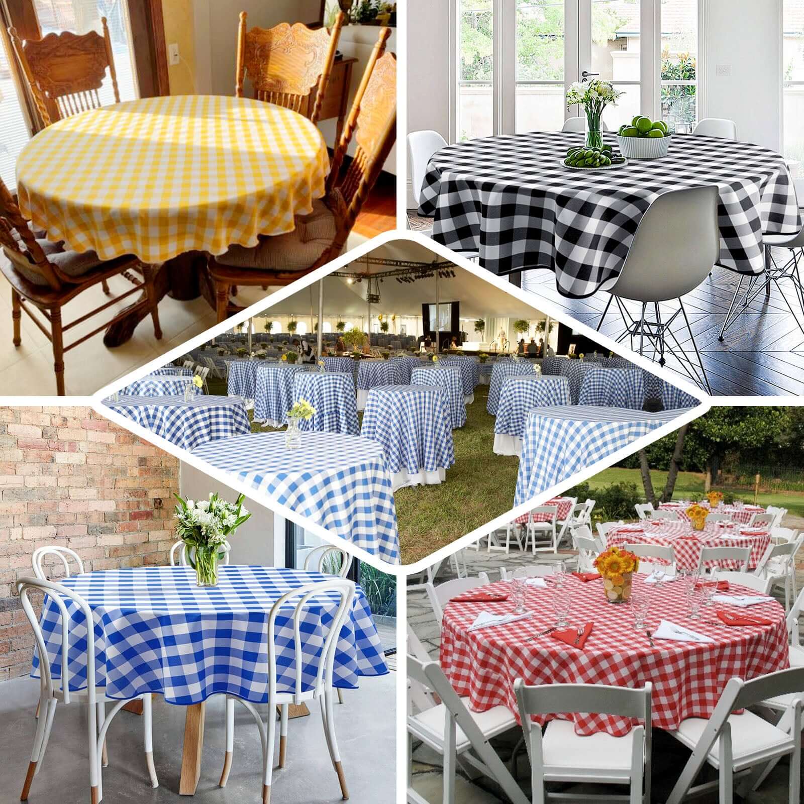 70-Inch Round Polyester Tablecloth in White and Green Checkered Buffalo Plaid