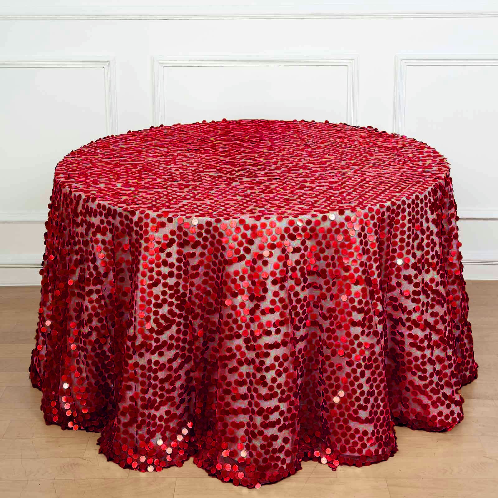 Red Sequin 120-inch Round Seamless Tablecloth with Payette Design