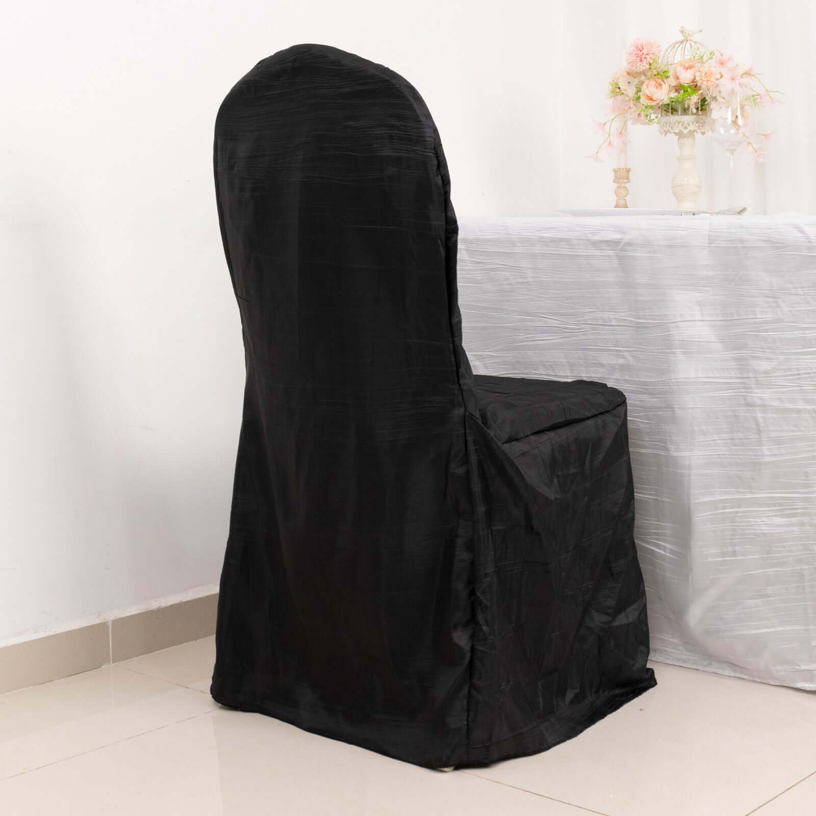 Premium Reusable Black Crinkle Crushed Taffeta Banquet Chair Cover