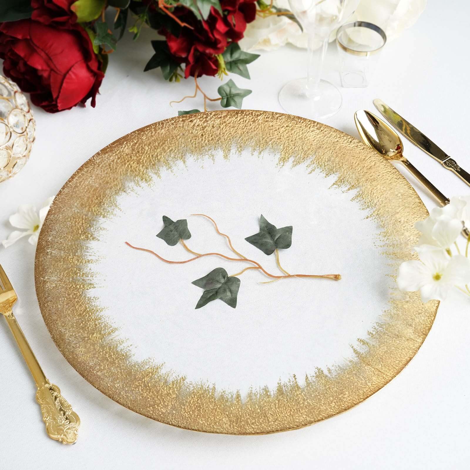 Hot Sale! 8-Piece Set of 13-Inch Clear Glass Round Dinner Charger Plates with Metallic Gold Spray Rim