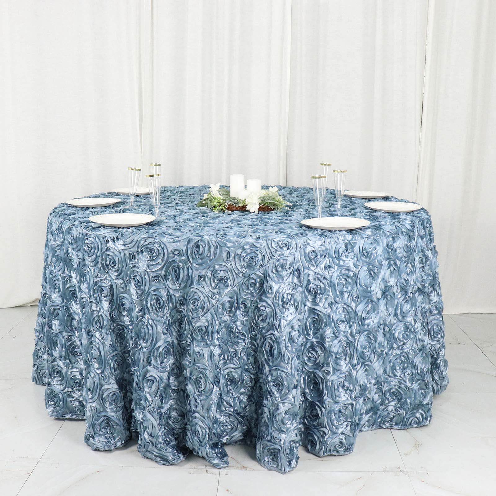 Hot! Dusty Blue 120" Satin Round Tablecloth with 3D Rosette & Seamless Finish