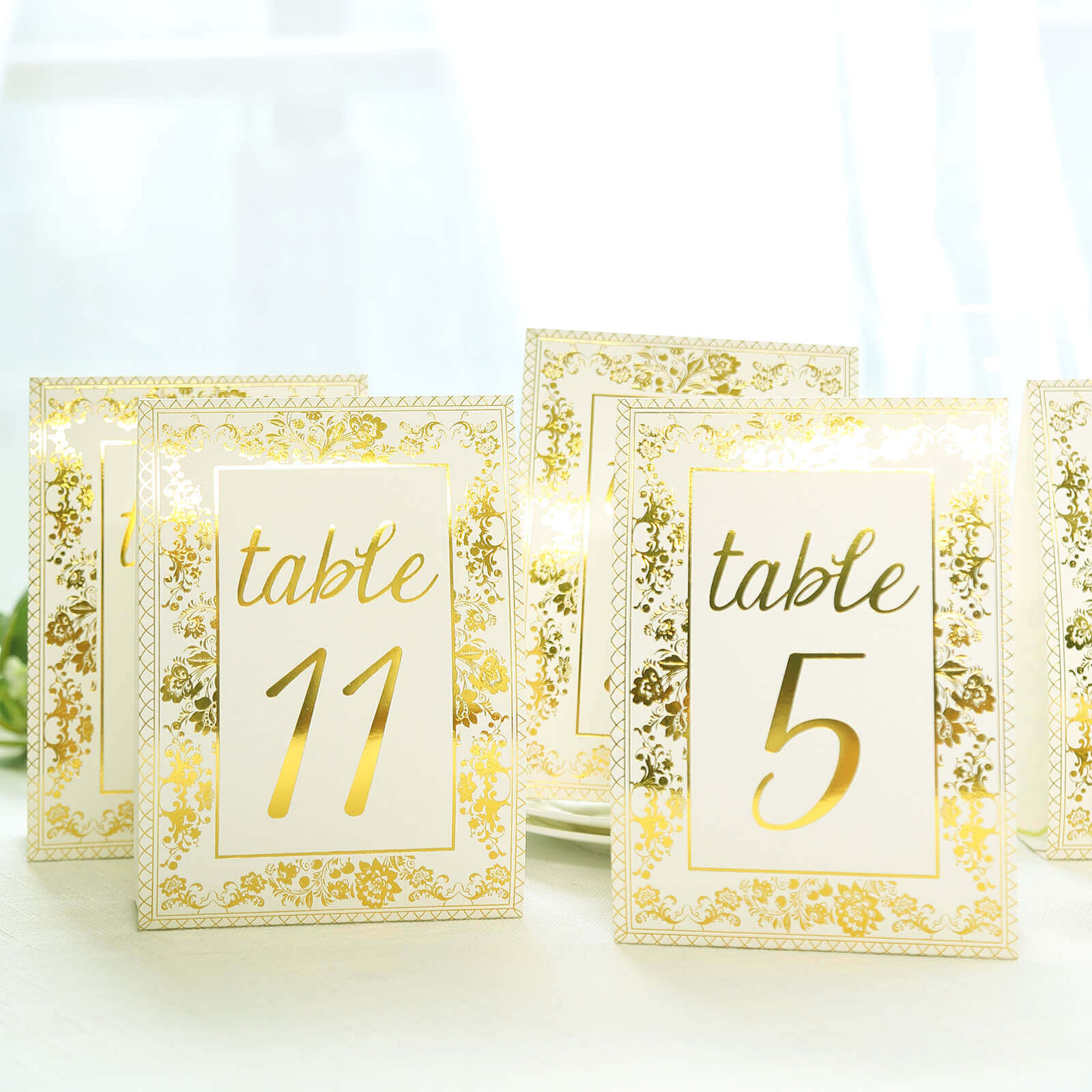 25-Piece Set of Double-Sided Free-Standing Wedding Table Numbers 1-25 in White & Metallic Gold French Toile Style