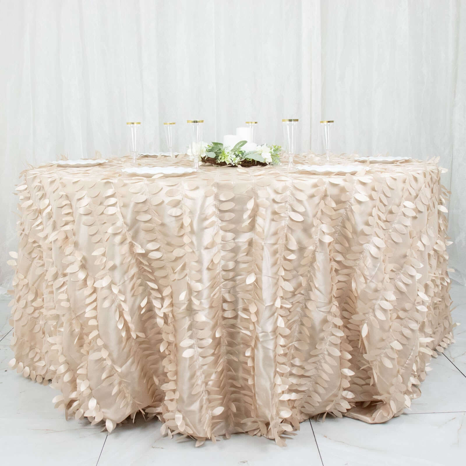 Exclusive Beige 132-Inch Round Taffeta Tablecloth with 3D Leaf Petal Design