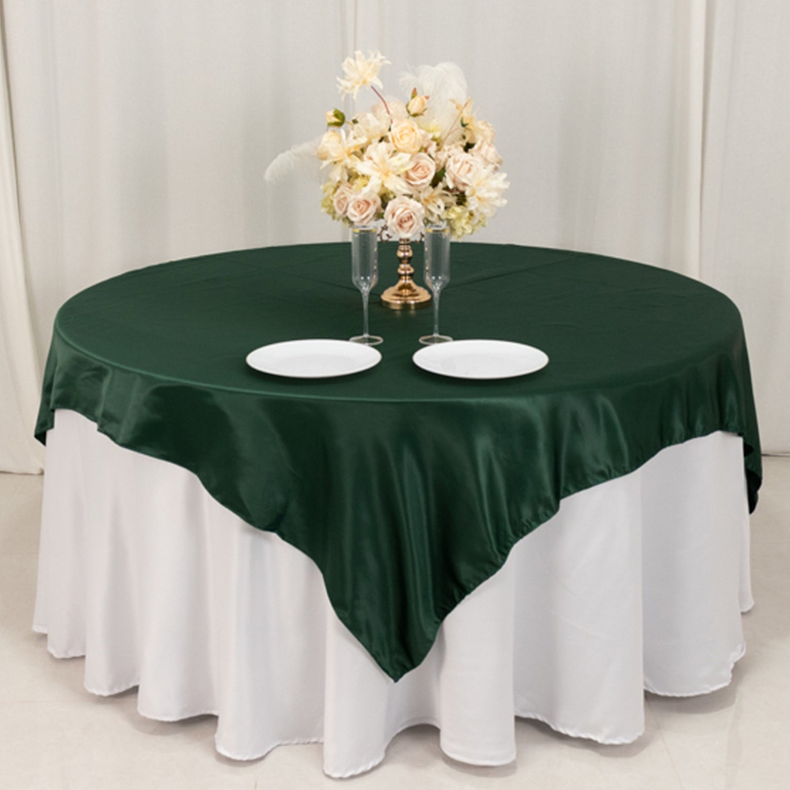 Hunter Emerald Green Lamour Satin Square Table Overlay - 72x72, Smooth Finish Topper for Events