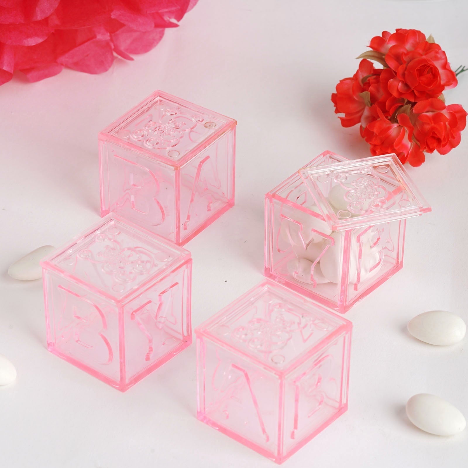 Hot Sale! 12-Pack Pink Plastic Fillable Baby Shower Candy Gift Boxes in Transparent Baby Blocks Shape