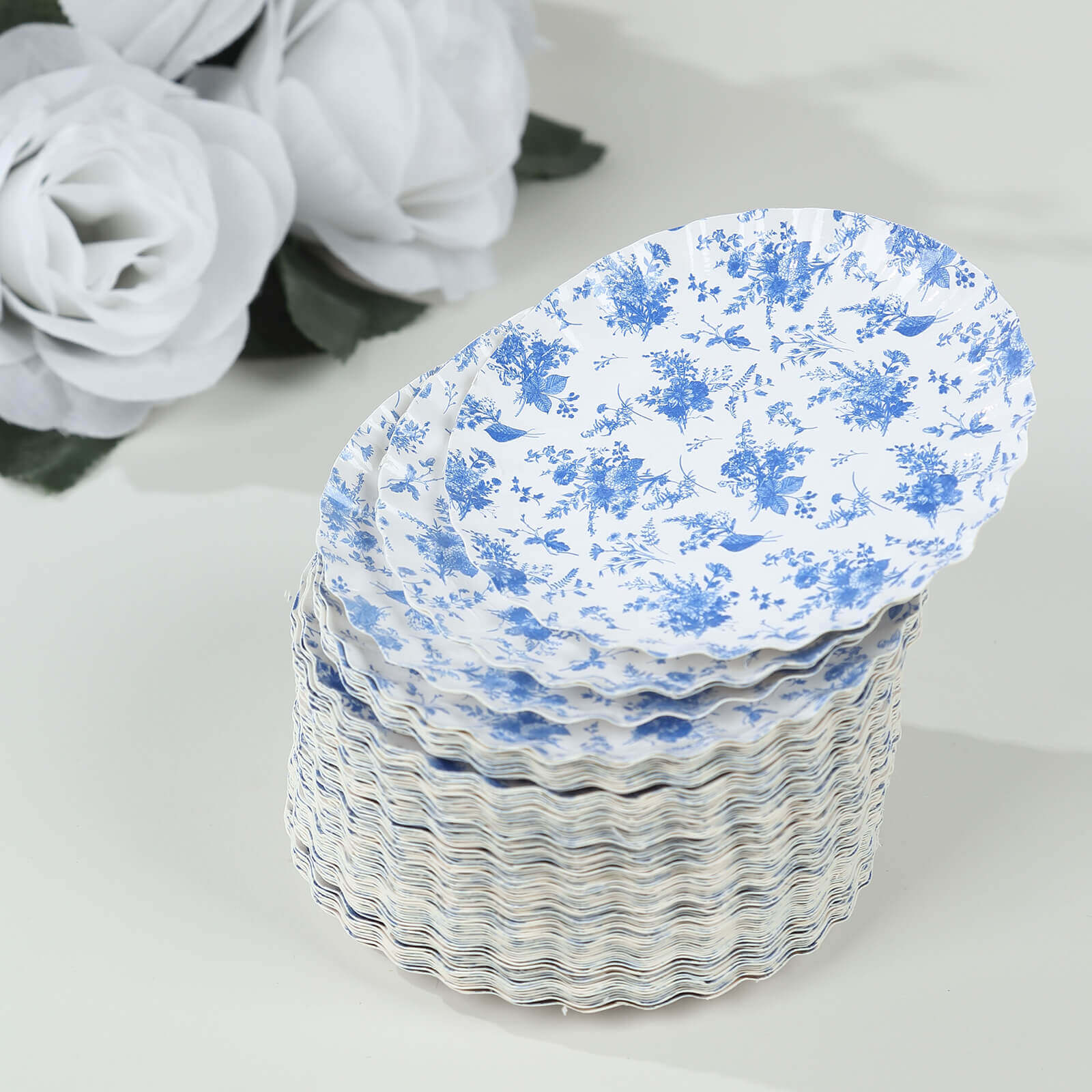 Hot Deal! 100-Pack Disposable White Paper Dessert Plates with Blue French Toile Design & Scalloped Rim