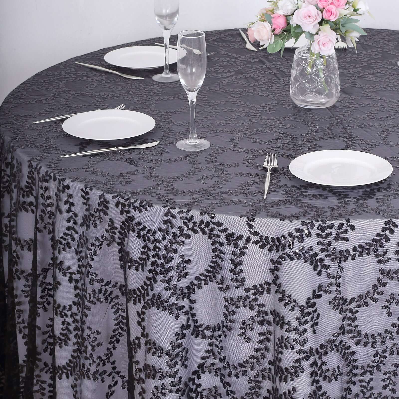 Sparkling Seamless Black Tulle Round Tablecloth with Leaf Embroidered for Special Events