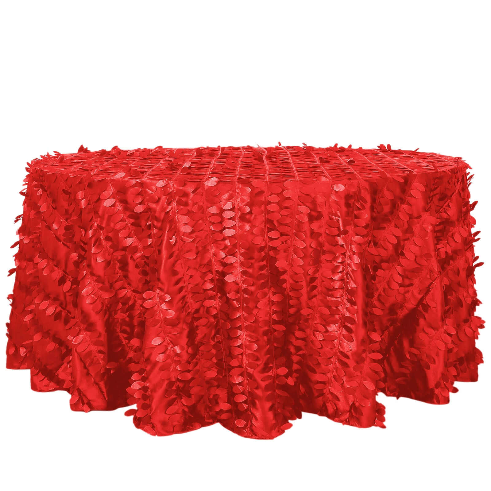 120-Inch Red Seamless 3D Leaf Petal Taffeta Round Tablecloth for 5-Foot Tables
