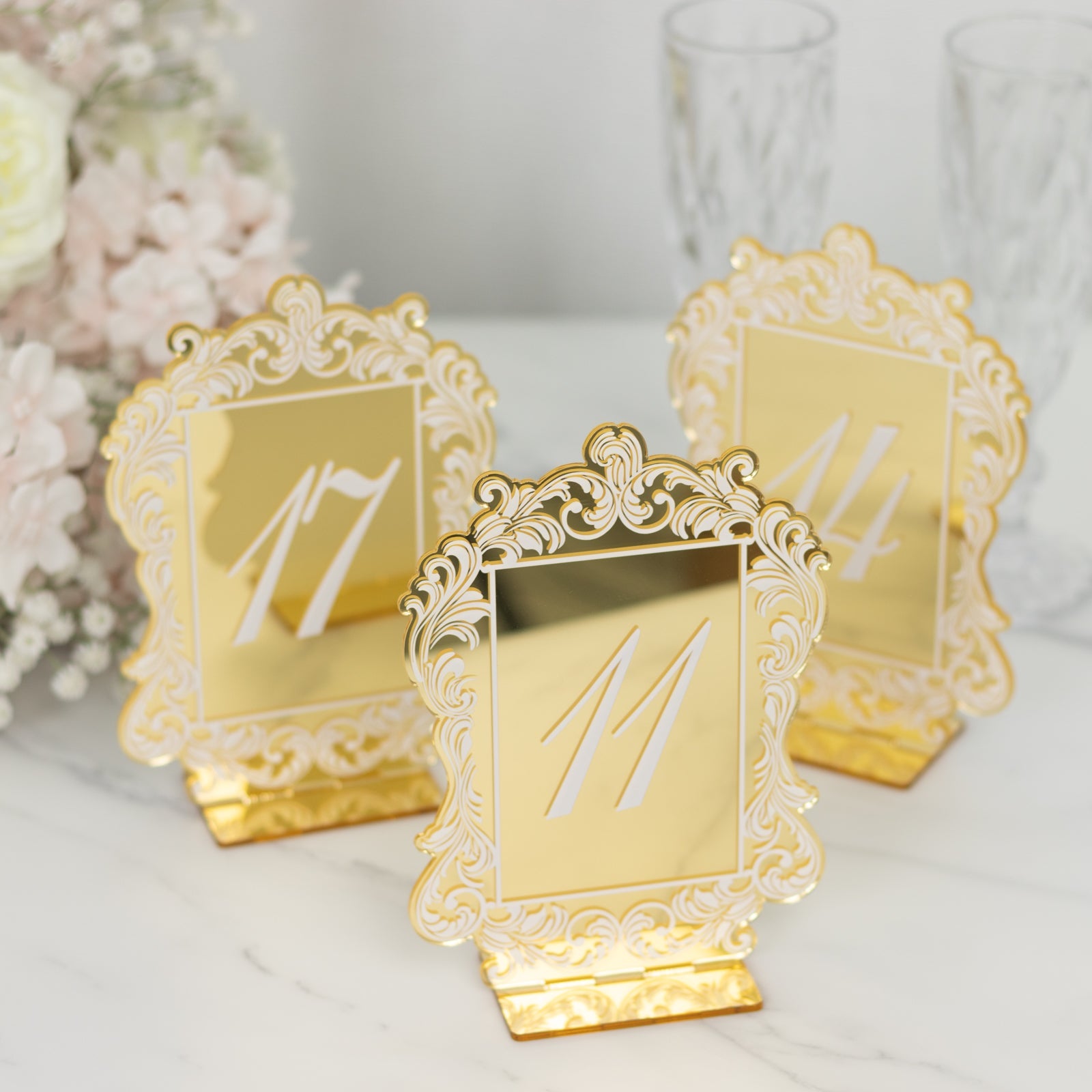 Gold Mirror Finish Acrylic Table Numbers 11 - 20, 5x7 Wedding Reception Signs with Baroque Lace, White Print & Stands