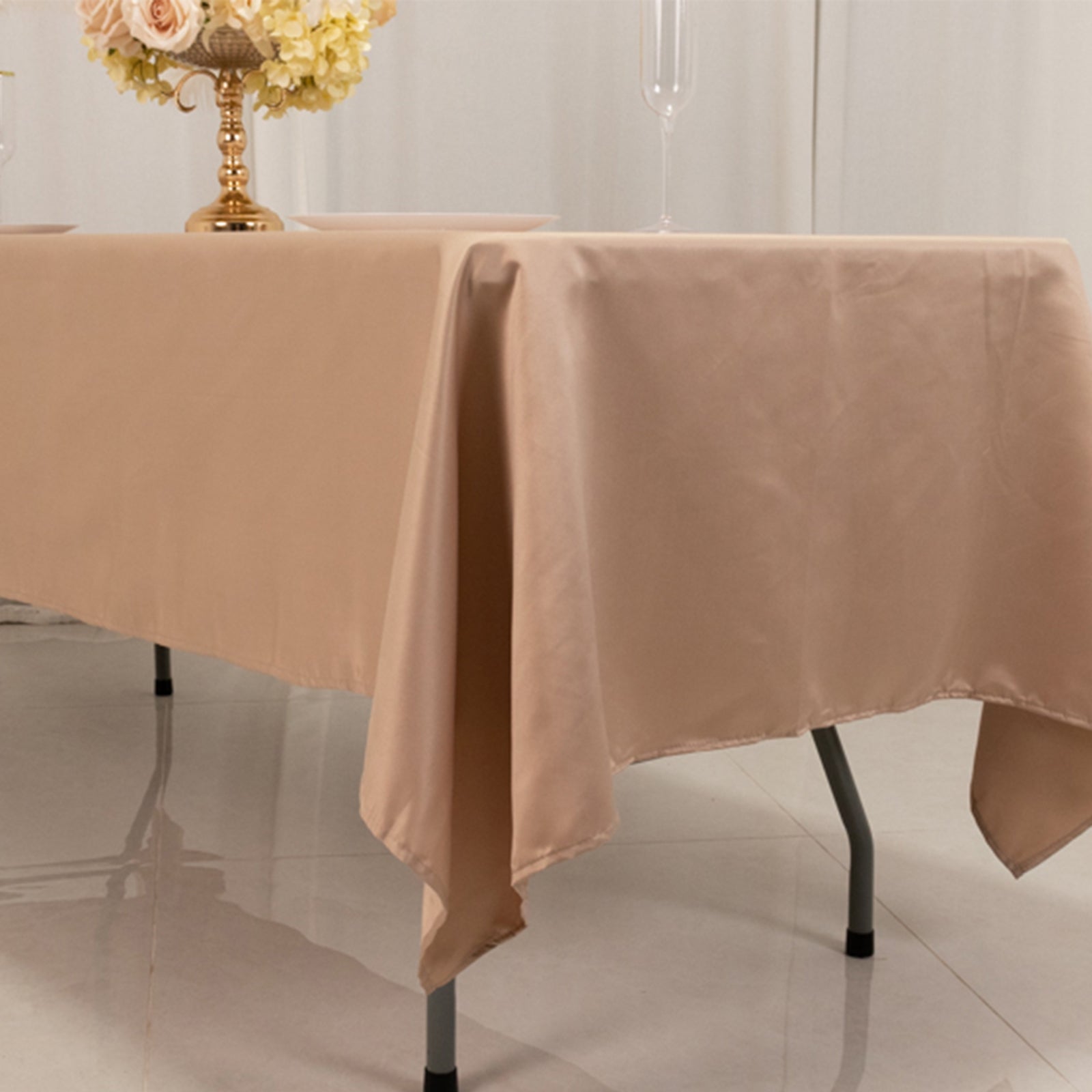 Luxurious Nude Lamour Satin Rectangle Tablecloth - 60x102, Durable & Silky Soft
