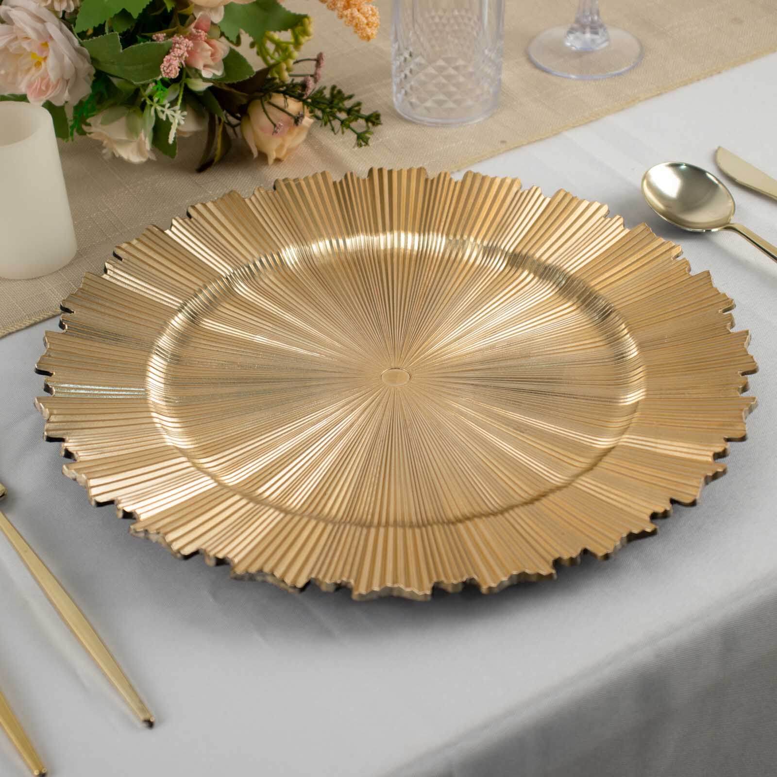 6-Piece Set of 13-Inch Metallic Gold Acrylic Plastic Charger Plates with Sunray Scalloped Edges