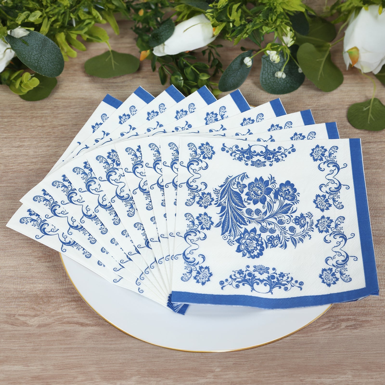 50-Pack Disposable 2-Ply Paper Cocktail Napkins in White & Royal Blue Damask - Soft & Highly Absorbent