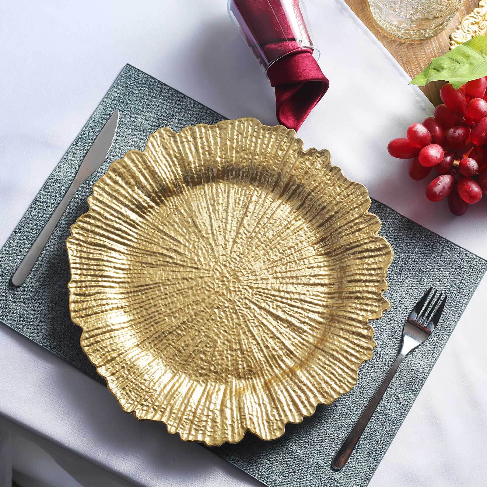 Hot Sale! 6-Piece Set of 13-Inch Gold Acrylic Round Charger Plates with Reef Design for Classy Dinners