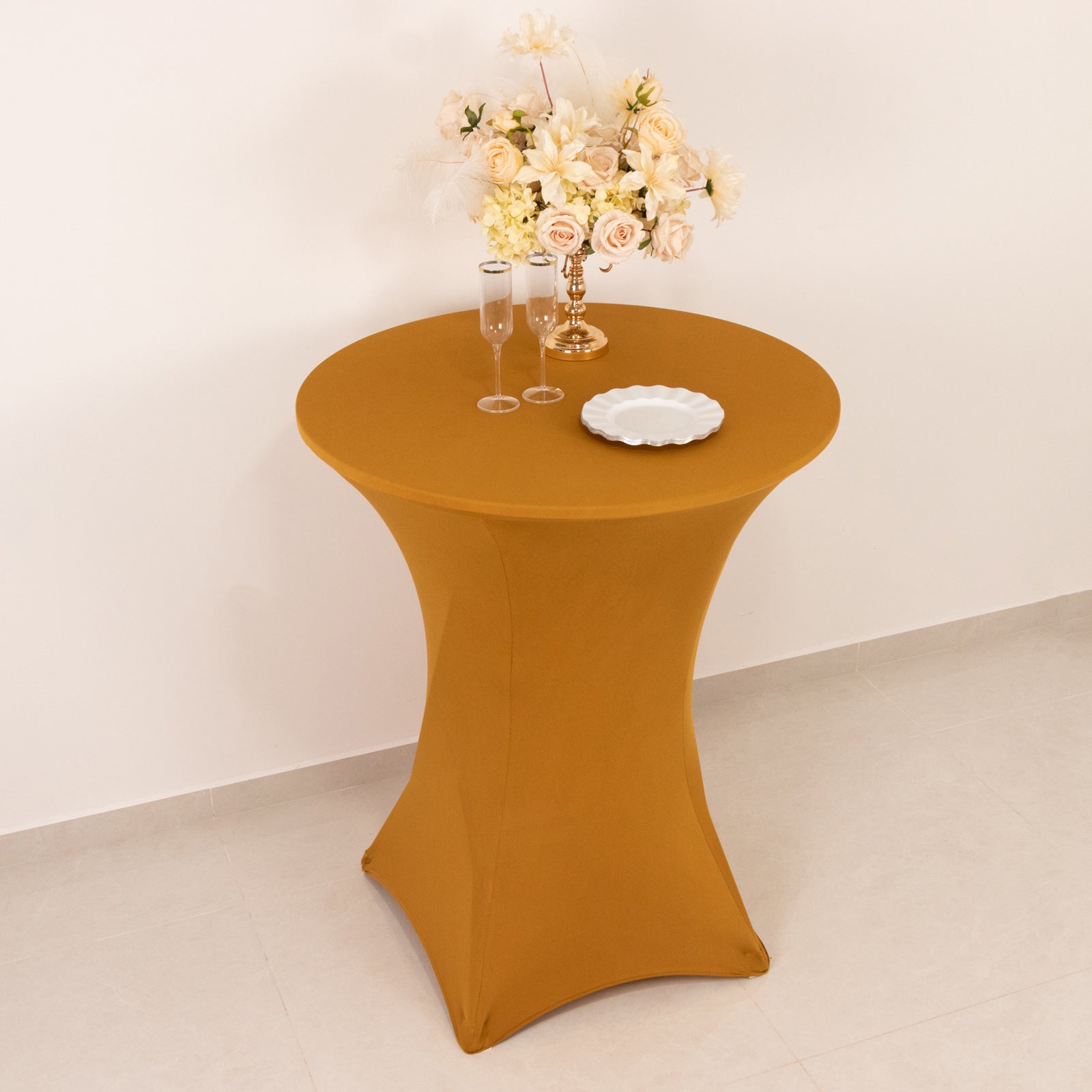 Stretchable Gold Spandex Cocktail Table Cover - Easy Maintenance for Events