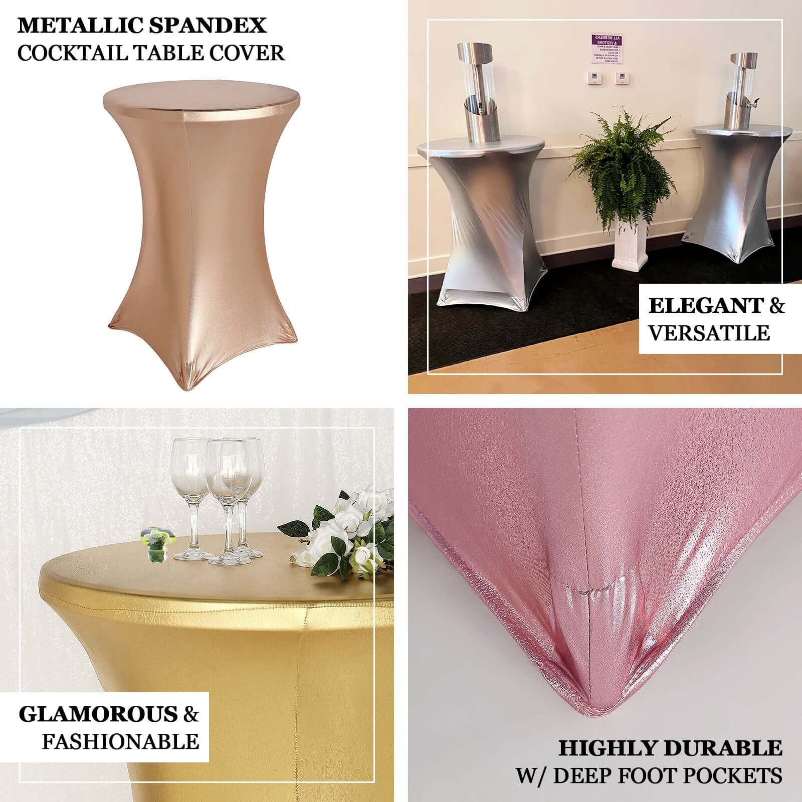 Exclusive Blush Metallic Spandex Stretch Cocktail Table Cover - 30" - 32" Diameter, Water-Resistant
