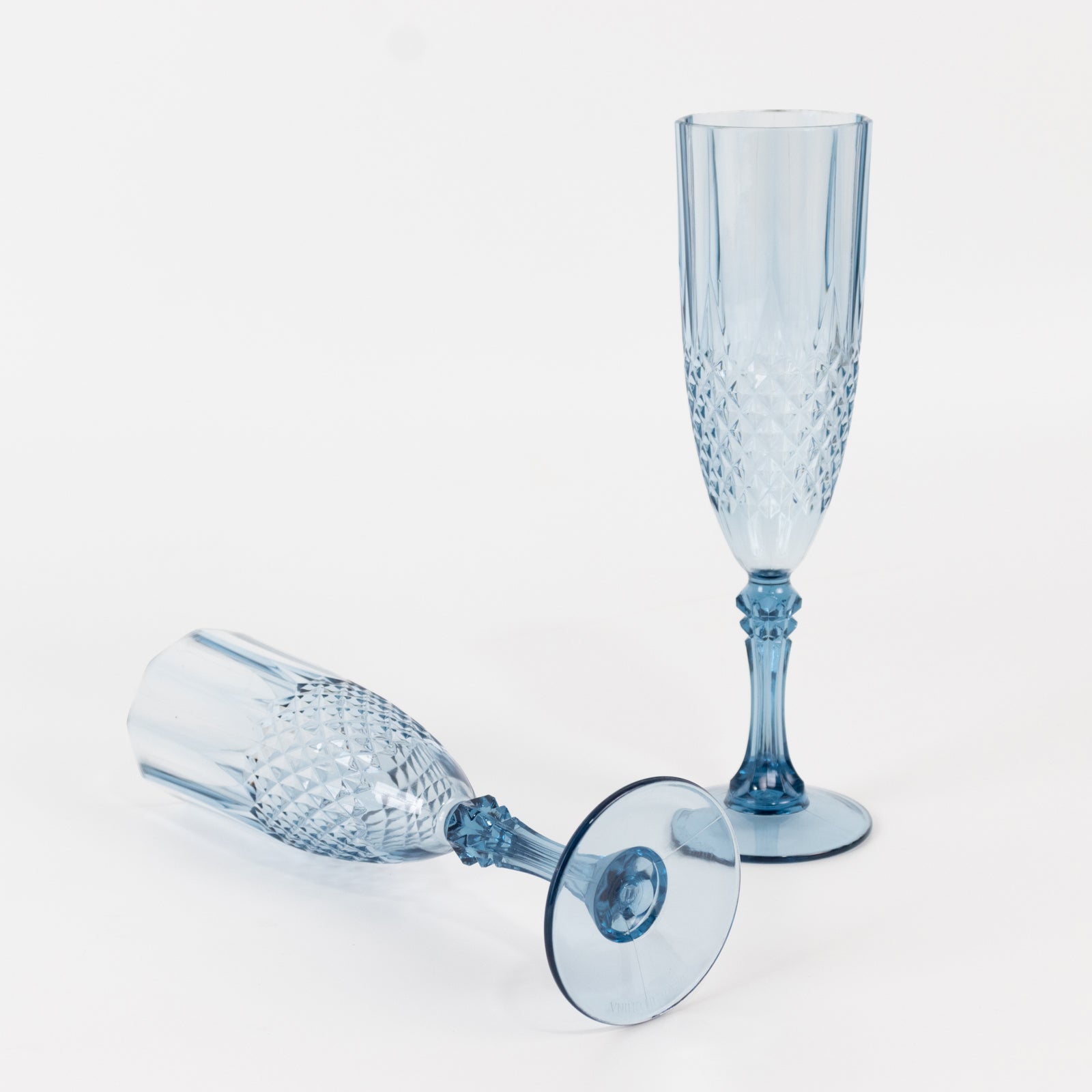 8oz Reusable Dusty Blue Plastic Wedding Toast Flutes with Crystal Cut Style - 6 Pack