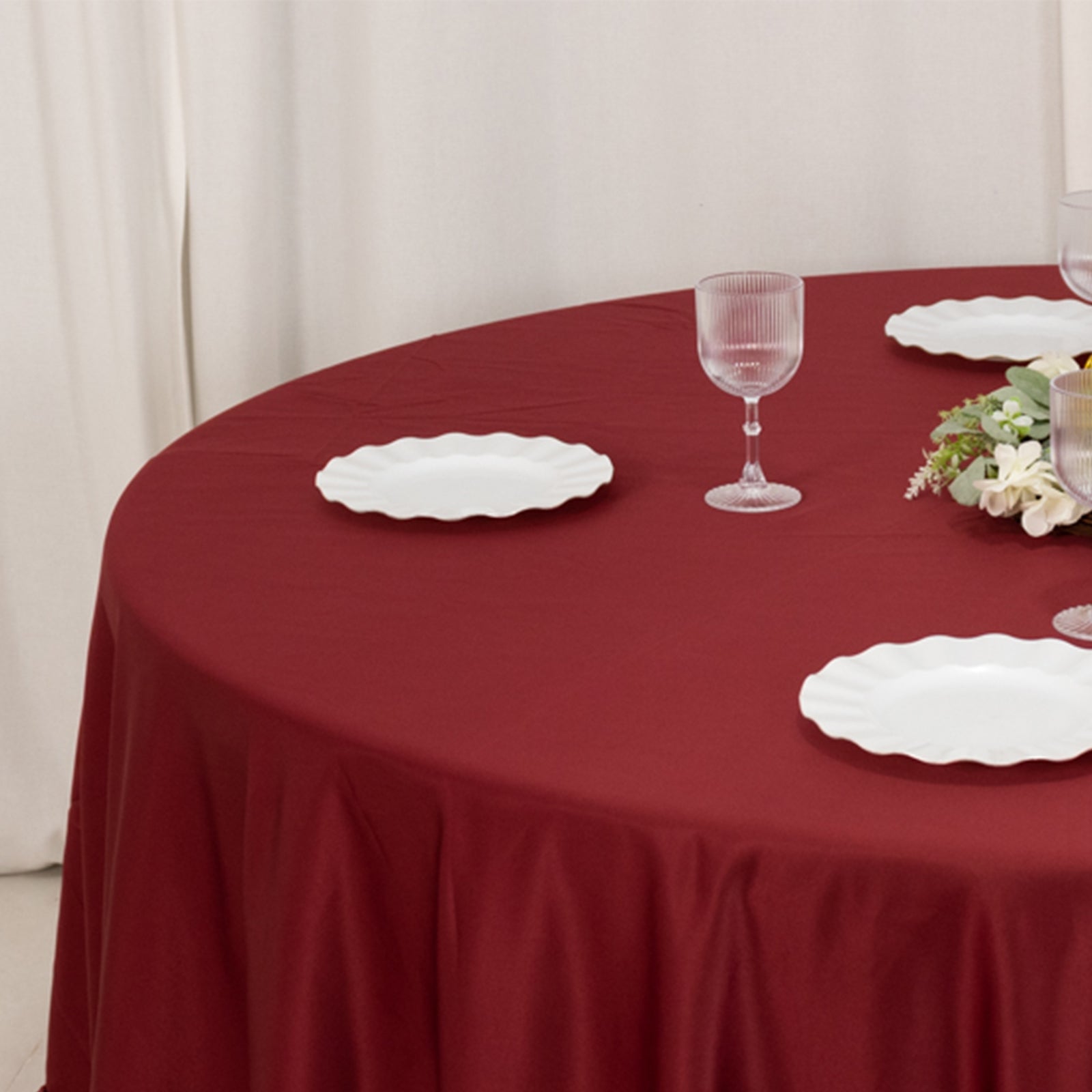 Premium Lamour Satin Round Tablecloth in Burgundy - Durable & Silk-Like, 108" Dia.