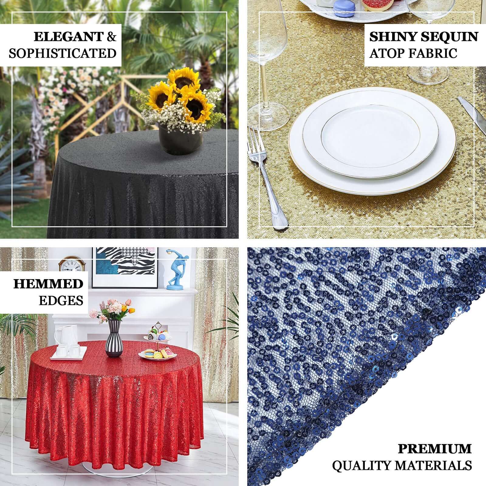 Black Seamless 132-inch Round Sequin Tablecloth for Stunning Decor