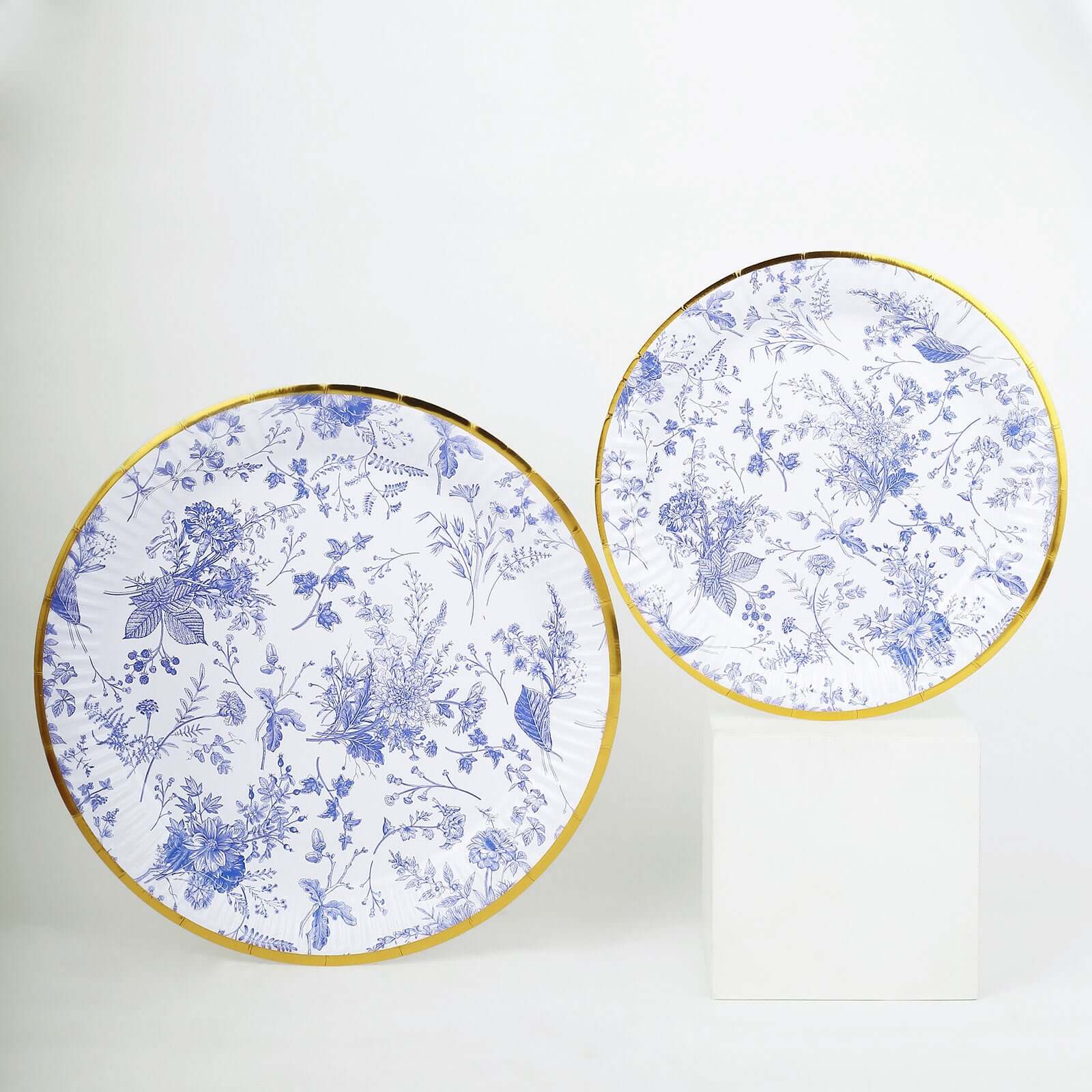 25-Pack Disposable 9-Inch White Dinner Plates with Light Blue French Toile & Gold Rim for Picnics and Chic Brunches