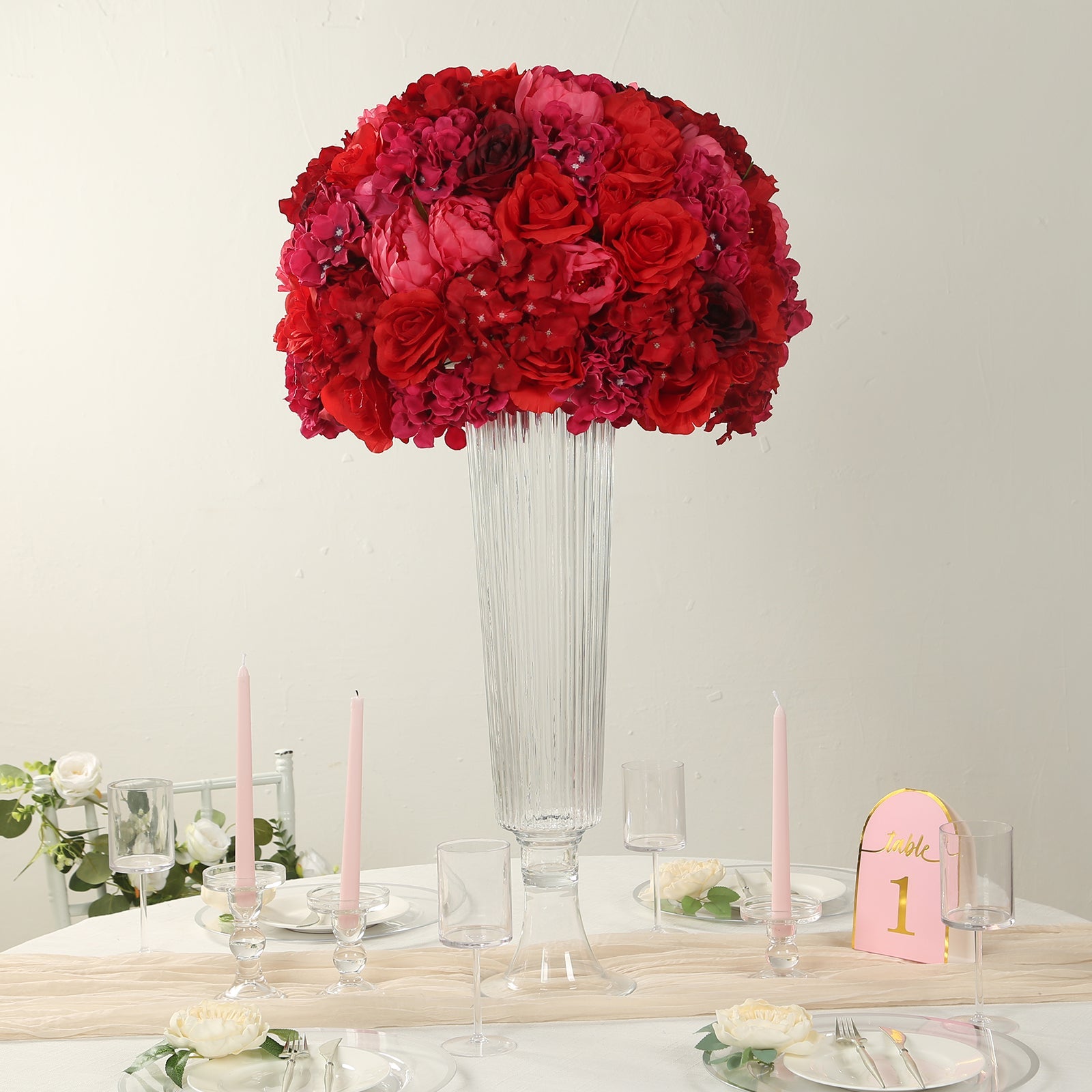 Hot Sale! Large Red Artificial Silk Rose Flower Ball Bouquet for Wedding Centerpieces and Table Decor - 20