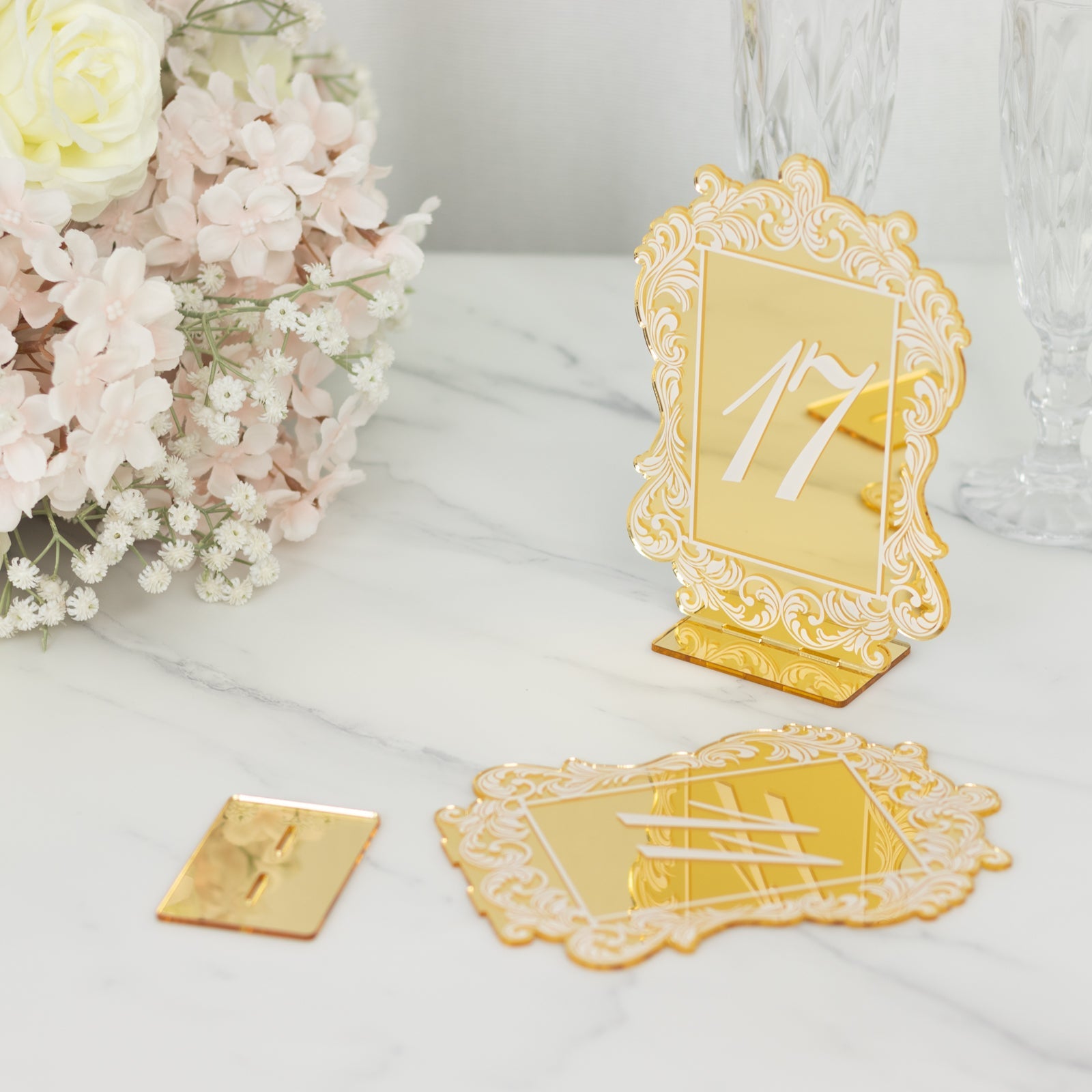 Gold Mirror Finish Acrylic Table Numbers 11 - 20, 5x7 Wedding Reception Signs with Baroque Lace, White Print & Stands
