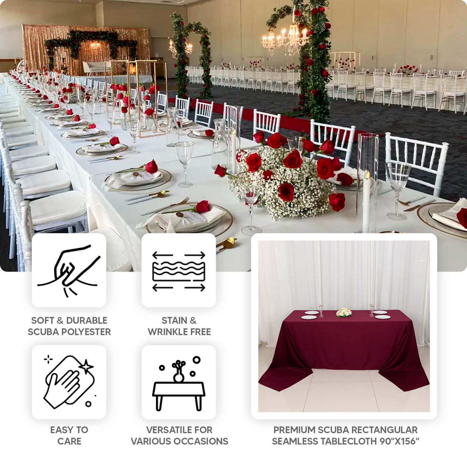 Premium Wrinkle-Free & Stain-Resistant Seamless Beige Scuba Rectangular Tablecloth 90x156