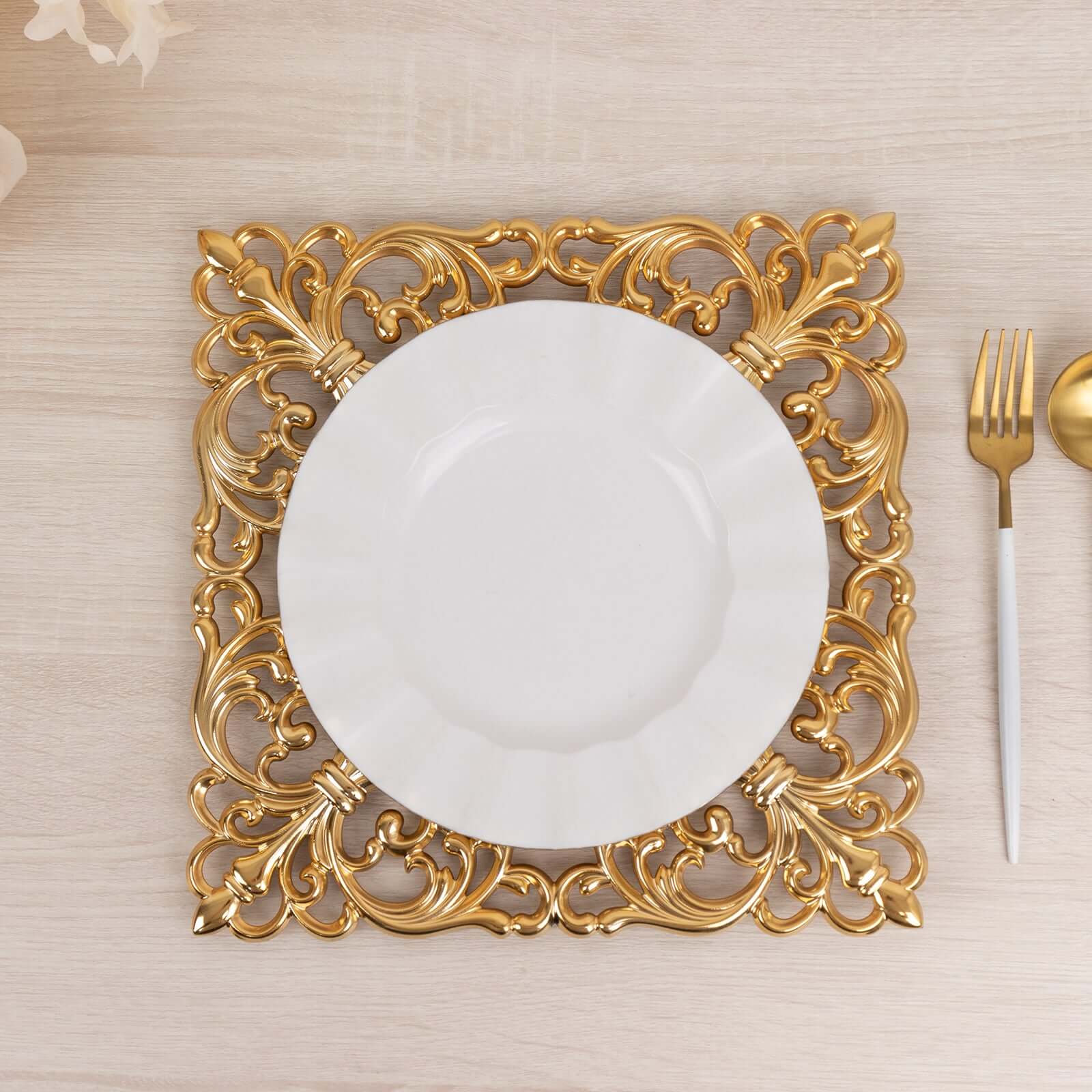 Hot Sale! 6-Piece Set of 12-Inch Gold Acrylic Square Charger Plates with Hollow Lace Border for Event Decor