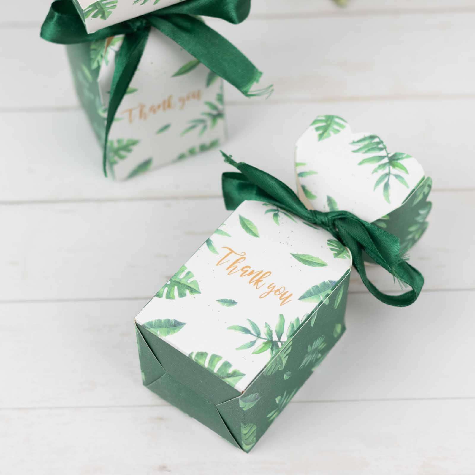 25-Pack Green Leaf Print Satin Ribbon Candy Gift Boxes - Perfect Party Favors