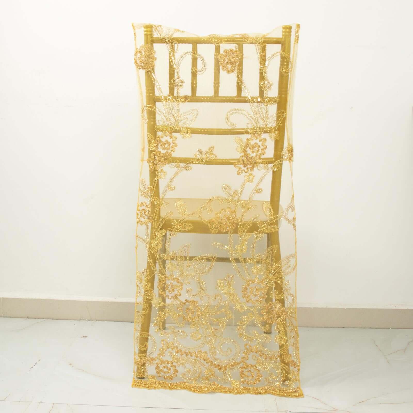 Hot! Gold Floral Sequin Embroidery Organza Chiavari Chair Slipcover