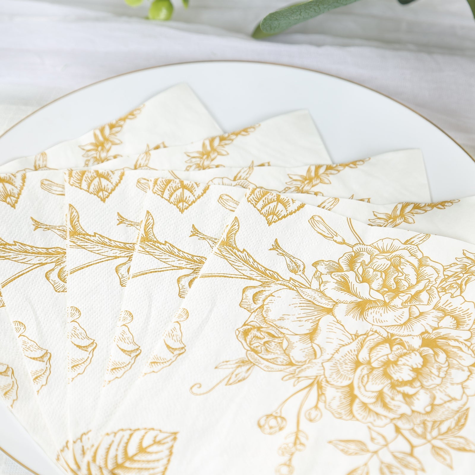 50-Piece Pack of Soft 2-Ply French Toile Floral Patterned Paper Cocktail Napkins in White/Gold - Ideal for Events