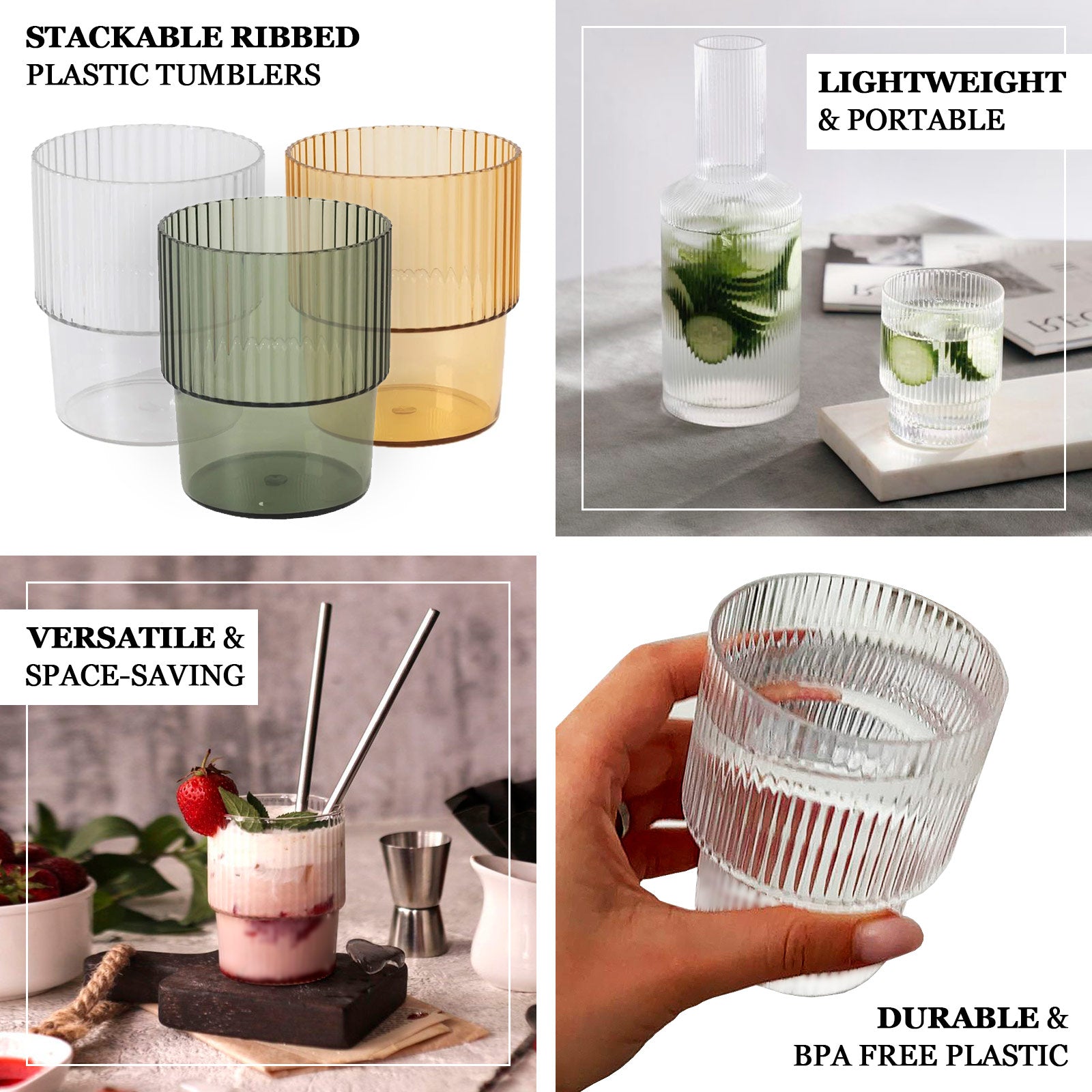 12-Pack Stackable 7oz Reusable Plastic Short Drinking Glasses in Hunter Emerald Green with Ribbed Pattern - Great Value!