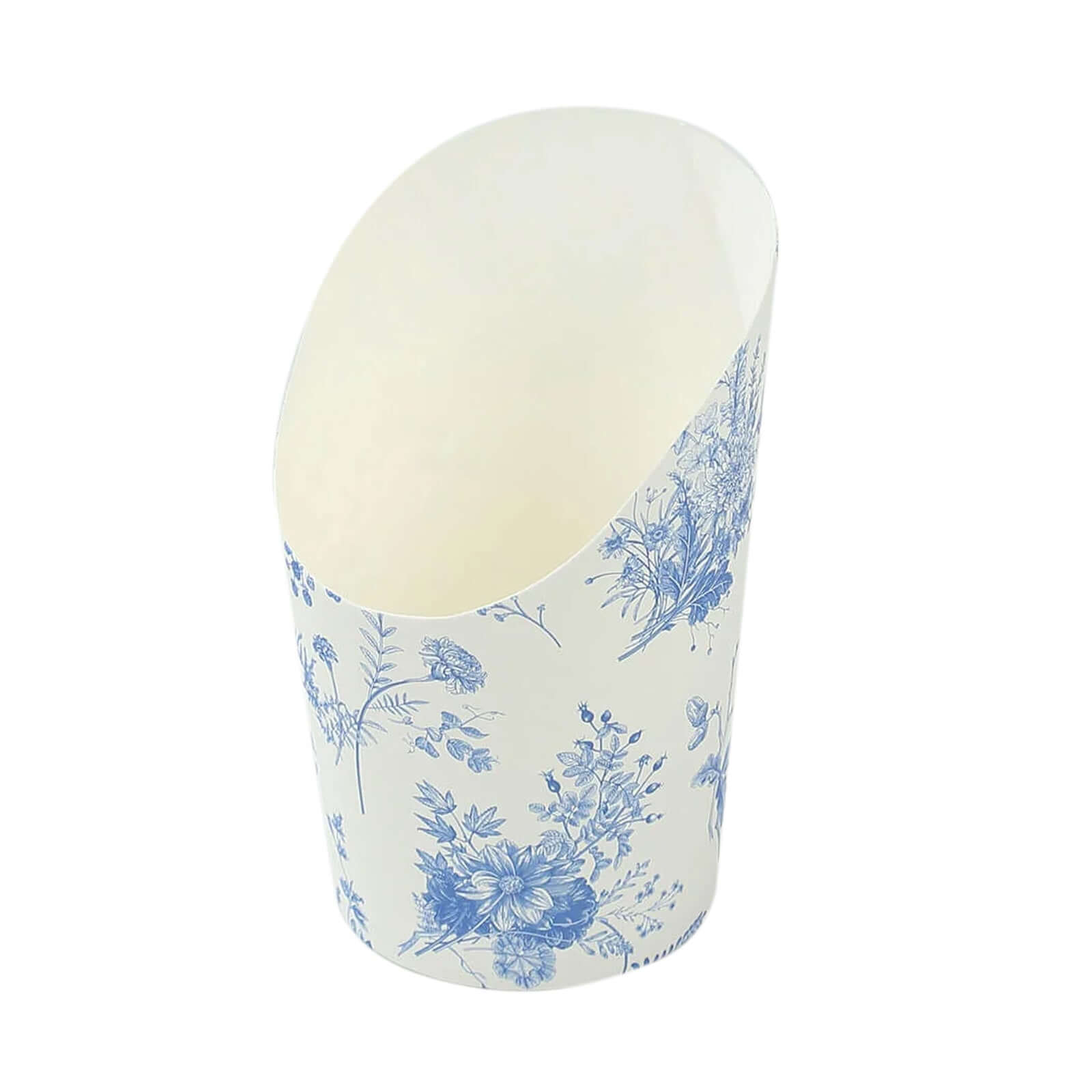 Get 50-Pack 14oz Paper Popcorn Box Cone Cups with French Toile Floral in White & Blue for Snacks