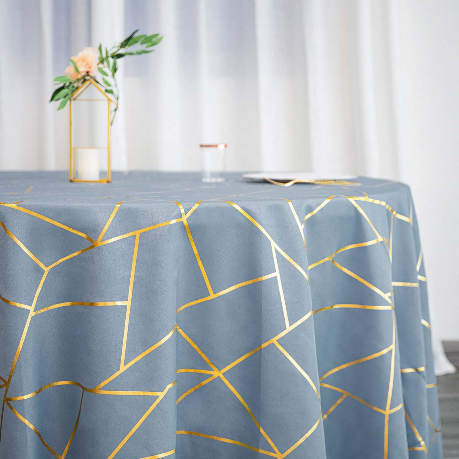 Hot Sale! Wrinkle-Resistant Seamless Polyester 120' Round Tablecloth in Dusty Blue with Gold Foil Geometric Design