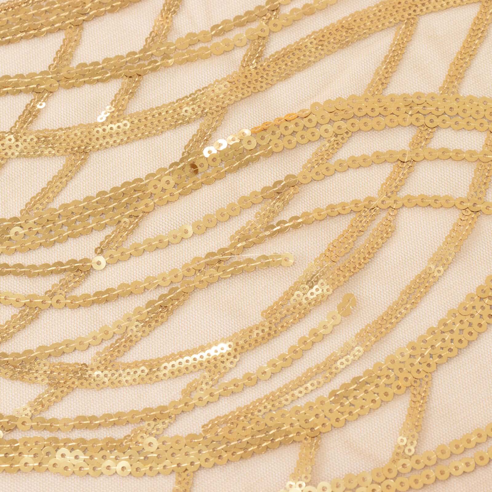 120' Gold Sequin Mesh Round Tablecloth with Seamless Wave Embroidered Design for Events