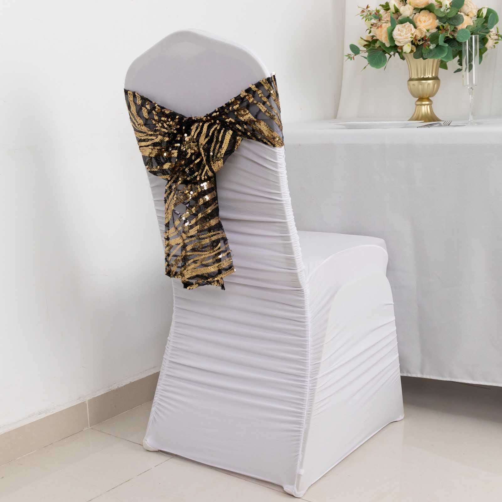 Set of 5 Black/Gold Wave Embroidered Sequin Chair Sashes - Elegant Wedding Decor