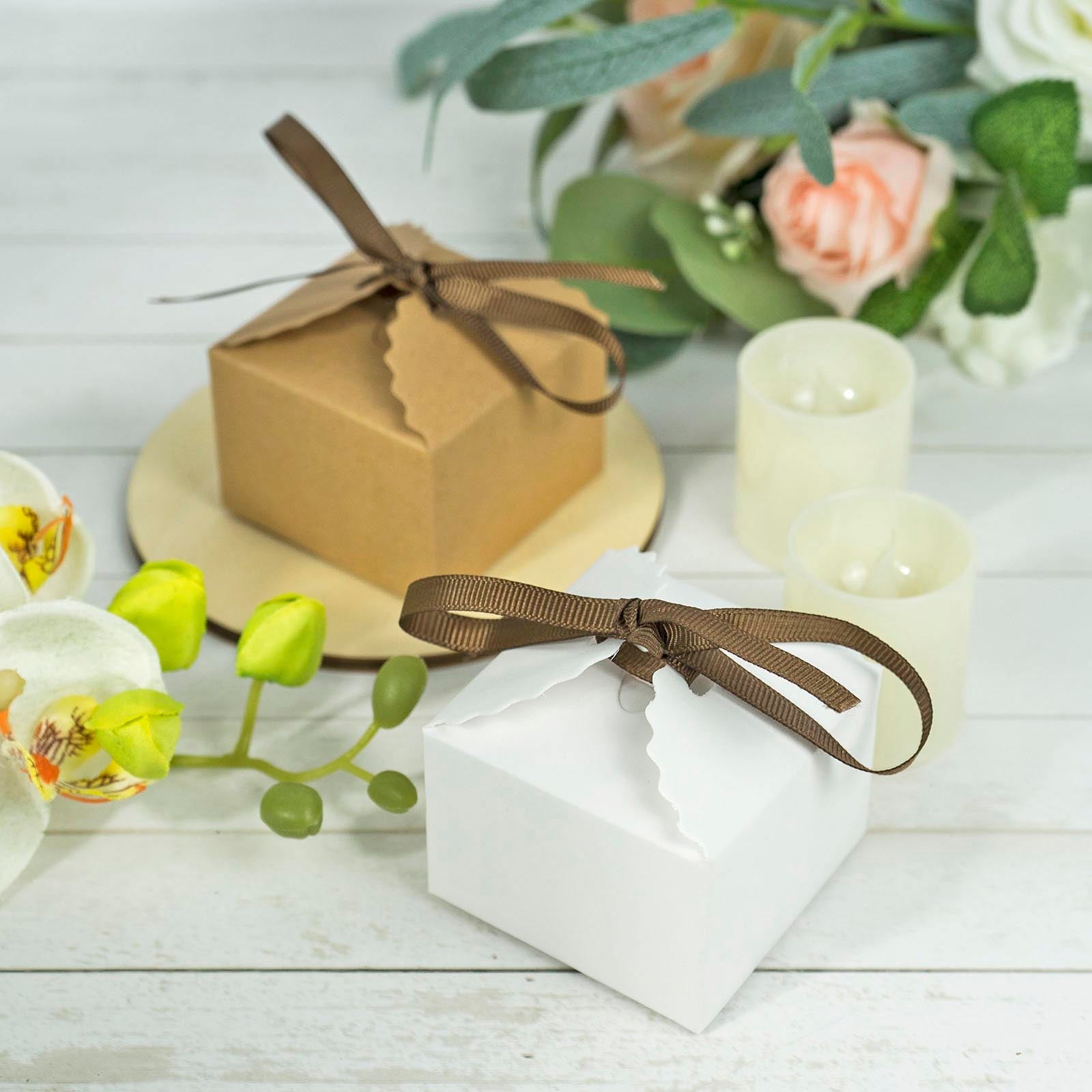 25-Piece Set of 2.5x2.5 White Cardstock Gift Boxes with Brown Grosgrain Ribbons