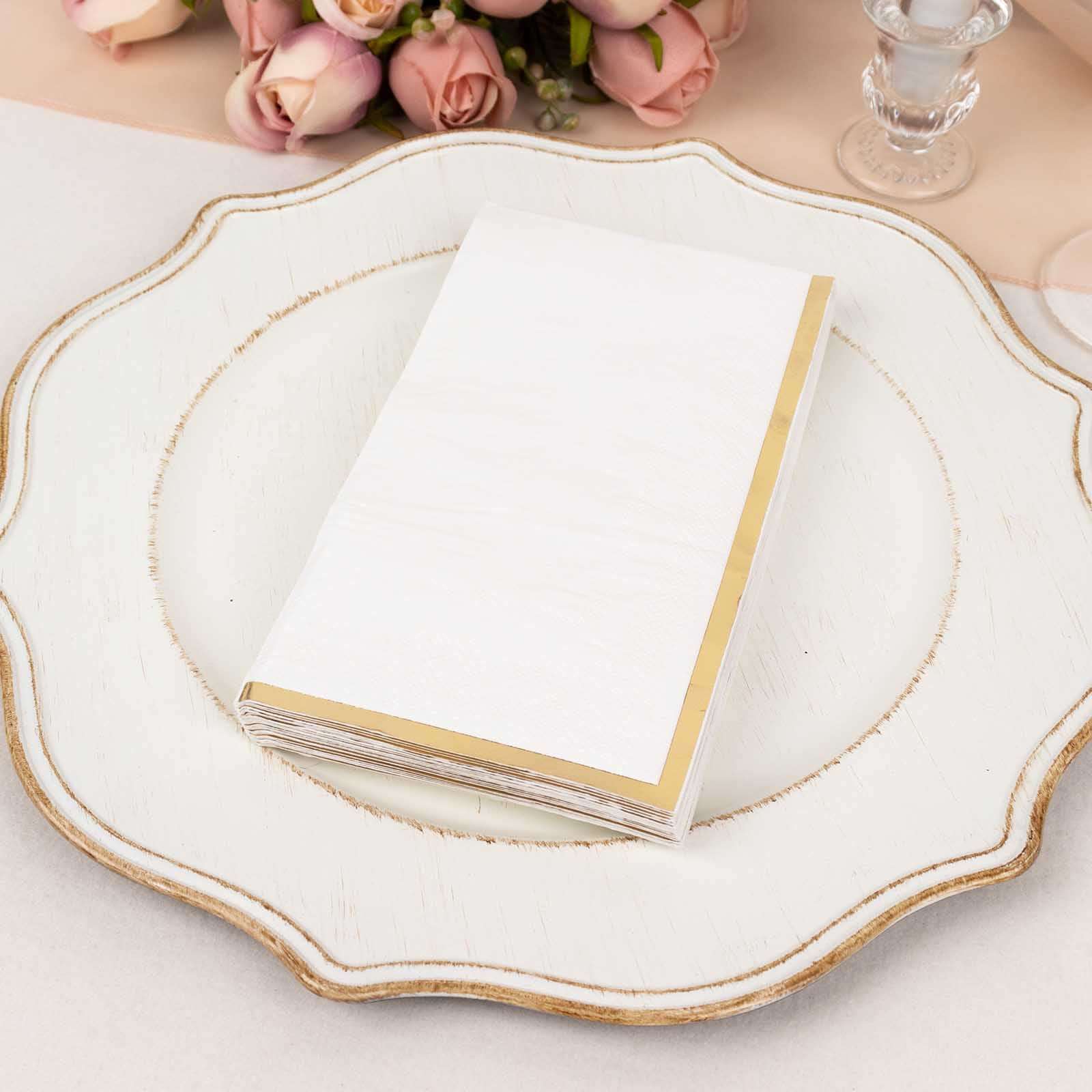 50-Pack Premium 2-Ply White Paper Dinner Napkins with Gold Foil Edge - Ideal Disposable Napkins for Parties