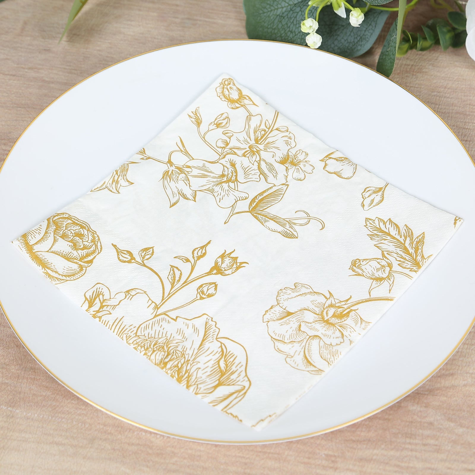 50-Piece Pack of Soft 2-Ply French Toile Floral Patterned Paper Cocktail Napkins in White/Gold - Ideal for Events