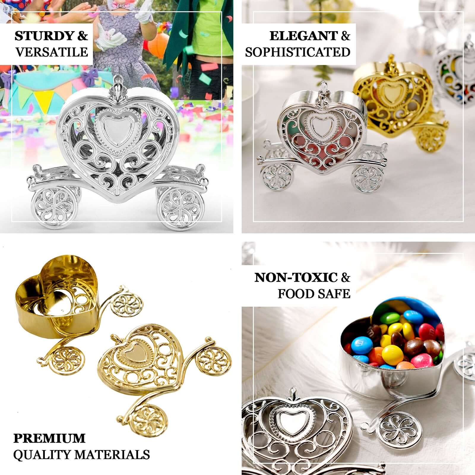 12-Pack Gold Plastic Princess Heart Carriage Party Favor Boxes for Treats