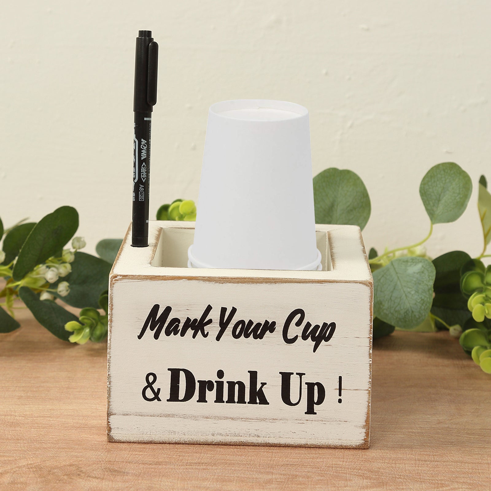 Whitewashed Rustic Wooden Solo Cup Holder with Black Marker for Farmhouse Parties, 5.5 inches