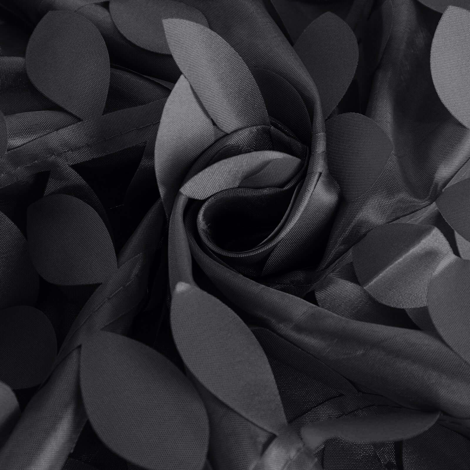 Black 132-Inch Round Taffeta Tablecloth with 3D Leaf Petal Seamless Design